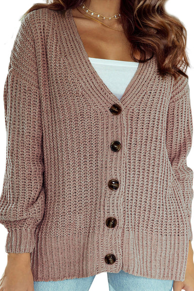 Khaki Buttoned Front Drop Shoulder Knitted Cardigan-Tops-MomFashion