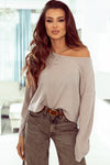 Beige Lettuce Cuffs Drop Shoulder Loose Ribbed Knit Top-Tops-MomFashion