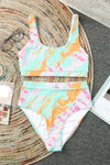 Sky Blue Abstract Waves Print High Waist Bikini Swimsuit-Swimwear-MomFashion