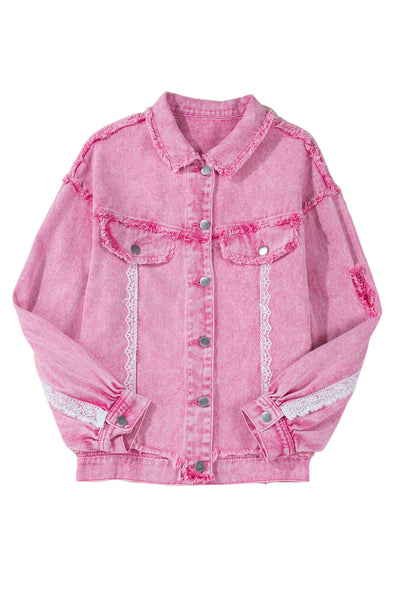 Pink Lace Patchwork Distressed Buttoned Denim Jacket-Outerwear/Denim jackets-MomFashion