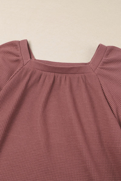 Square Neck Puff Sleeve Waffle Knit Top-Tops-MomFashion