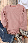 Pink Solid Ribbed Knit Round Neck Pullover Sweatshirt-Tops-MomFashion