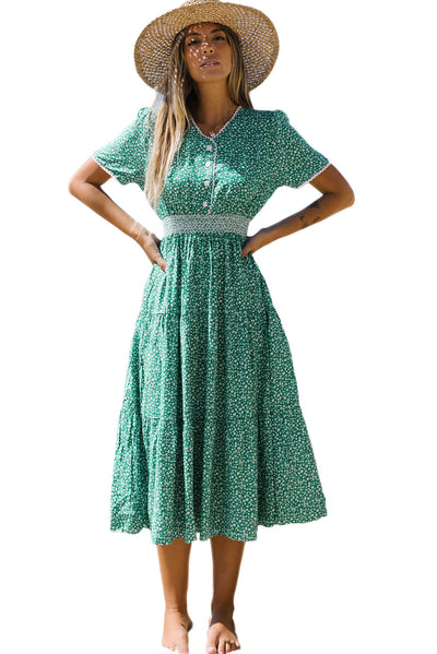 Green Floral Print Lace Splicing Flared High Waist Midi Dress-Dresses-MomFashion