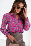 Multicolor Abstract Floral Button Up Long Puff Sleeve Shirt-Tops-MomFashion