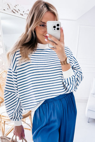 Blue Stripe Drop Shoulder Crew Neck Loose Sweatshirt-Tops/Sweatshirts & Hoodies-MomFashion