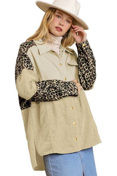 Beige Leopard Patchwork High Low Shirt Jacket-Outerwear-MomFashion