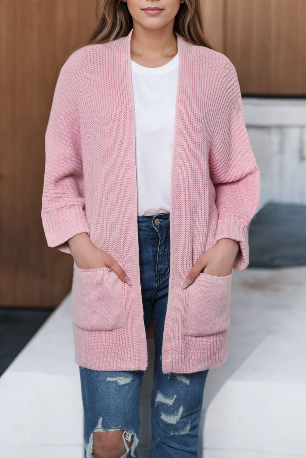 Pink Oversized Fold Over Sleeve Sweater Cardigan-Tops-MomFashion