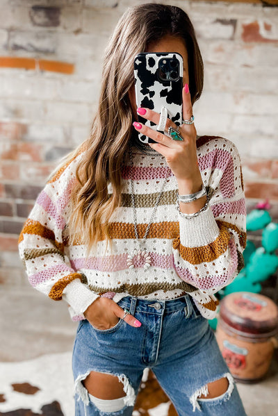 Multicolor Striped Hollowed Knitted Loose Sweater-Tops-MomFashion