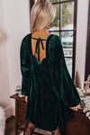 Green Tie Back Square Neck Velvet Babydoll Dress-Dresses-MomFashion