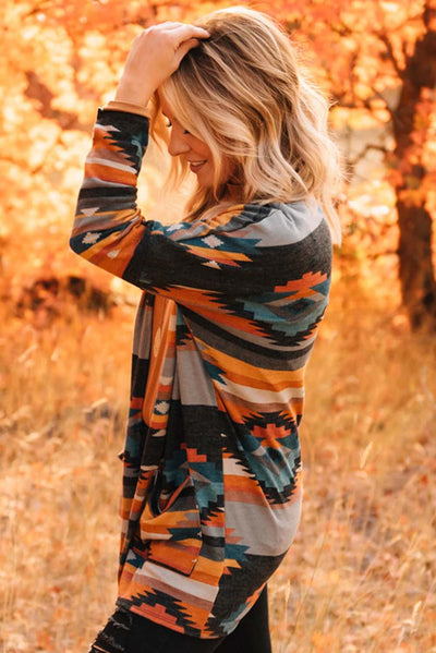 Orange Western Tribal Aztec Print Cardigan-Tops-MomFashion