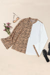 Khaki Leopard Contrast Half Button Casual Blouse-Tops-MomFashion