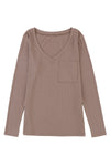 Khaki Ribbed Knit Patched Chest Pocket V Neck Top-Tops-MomFashion