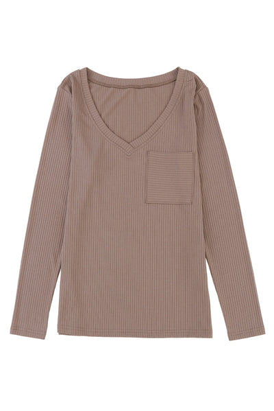 Khaki Ribbed Knit Patched Chest Pocket V Neck Top-Tops-MomFashion