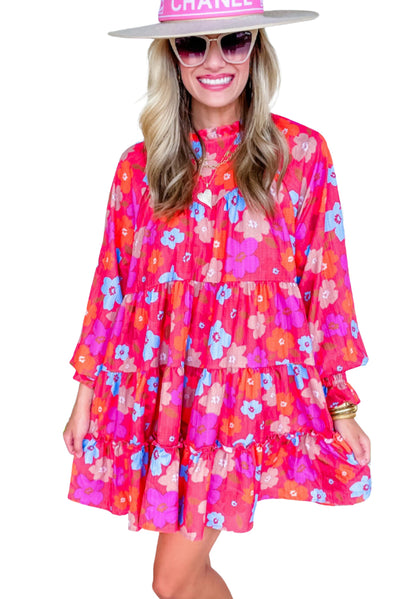 Multicolour Floral Bubble Sleeve Tiered Babydoll Dress-Dresses-MomFashion