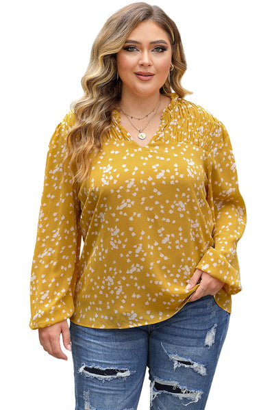 Yellow Plus Size Floral Print Ruched Split Neck Blouse-Plus Size-MomFashion