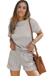 Gray 2pcs Solid Textured Drawstring Shorts Set-Loungewear-MomFashion