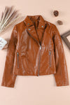 Brown Ribbed Seam Detail Faux Leather Zipped Motorcycle Jacket-Outerwear-MomFashion