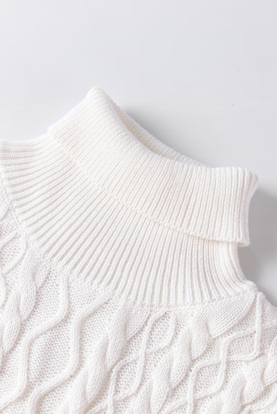 White Turtle Neck Short Sleeve Cable Knit Ruffled Sweater-Tops-MomFashion