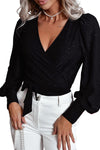 Black Glitter Wrap V Neck Tie Hem Puff Sleeve Blouse-Tops-MomFashion