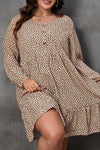 Brown Leopard Spotted Print Tiered Long Sleeve Plus Size Dress-Plus Size-MomFashion