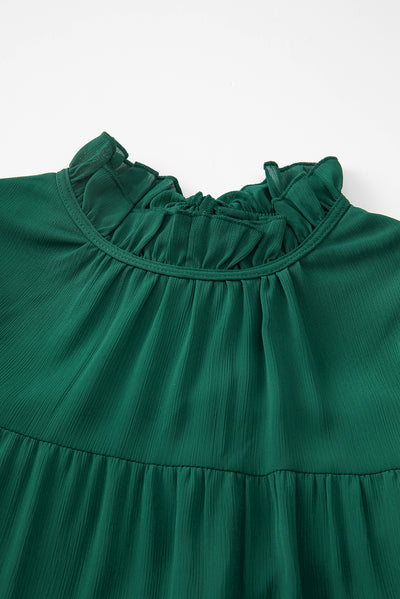 Green Puff Sleeve Mock Neck Back Knot Tiered Dress-Dresses-MomFashion