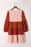 Corduroy Striped Square Neck Long Sleeve Dress-Dresses-MomFashion