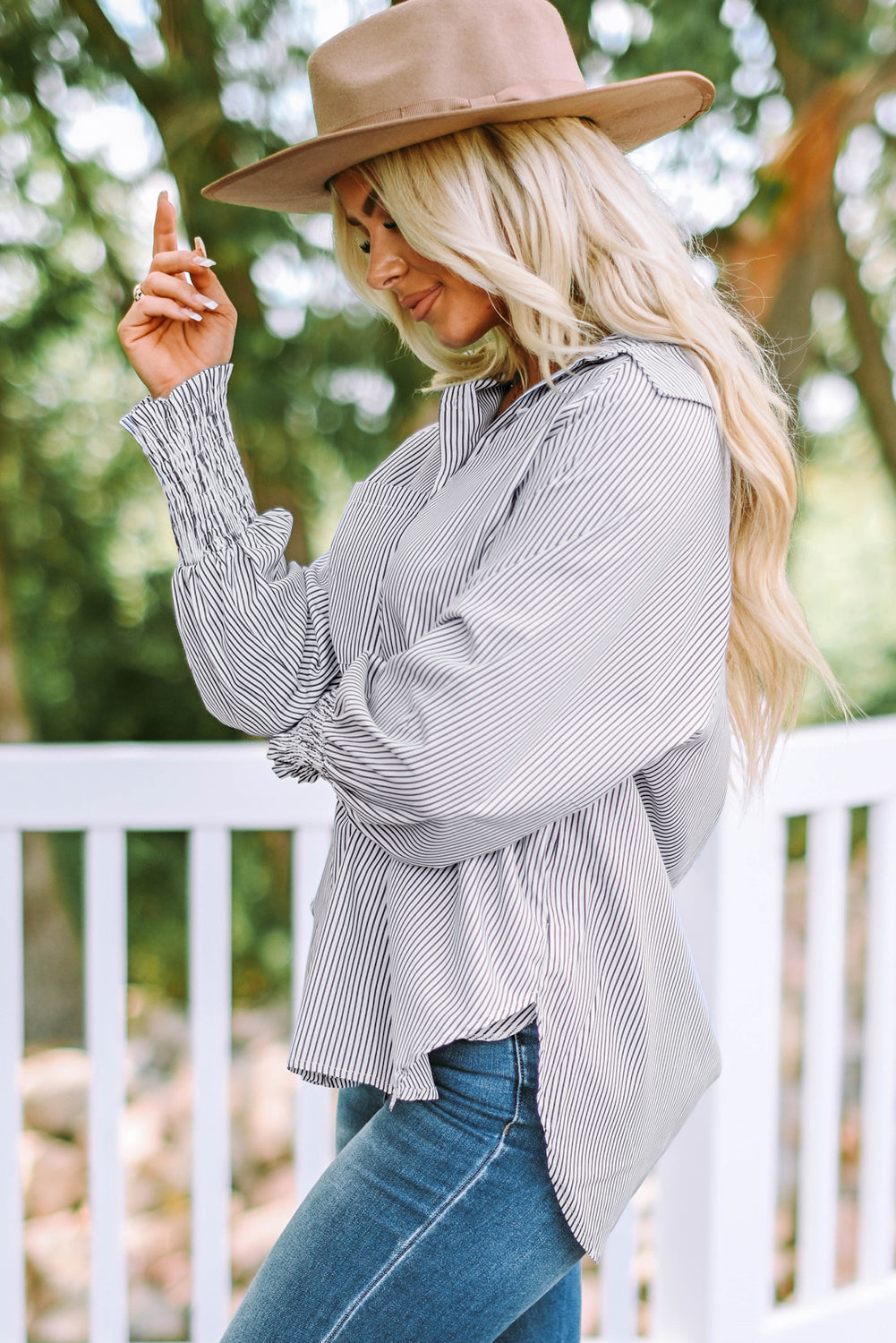 Smocked Cuffed Striped Boyfriend Shirt with Pocket-Tops-MomFashion