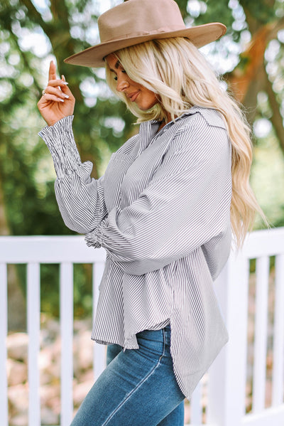 Smocked Cuffed Striped Boyfriend Shirt with Pocket-Tops-MomFashion