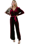 Fiery Red Velvet Pocketed Cut out Back Wide Leg Jumpsuit-Bottoms-MomFashion