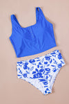 Blue Square Neck Sleeveless Fashion Print Tankini Set-Swimwear-MomFashion