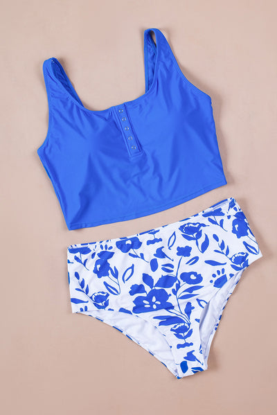 Blue Square Neck Sleeveless Fashion Print Tankini Set-Swimwear-MomFashion