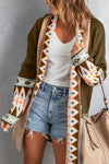 Brown Aztec Print Open Front Knitted Cardigan-Tops-MomFashion