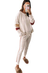 White Color Block Sleeve Contrast Trim Sideseam Lounge Set-Loungewear-MomFashion