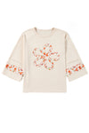 Beige Flower Patch Graphic Exposed Seam Wide Sleeve Top-Graphic/Graphic Long Sleeve Tees-MomFashion