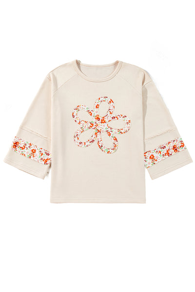 Beige Flower Patch Graphic Exposed Seam Wide Sleeve Top-Graphic/Graphic Long Sleeve Tees-MomFashion