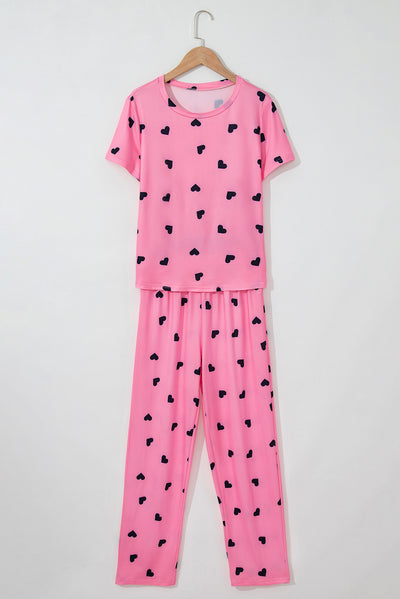 Pink Valentines Heart Print Tee and Pants Lounge Set-Loungewear-MomFashion