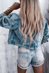 Sky Blue Rivet Studded Pocketed Denim Jacket-Outerwear-MomFashion