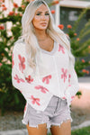 White Floral Print Lightweight Knit Hooded Sweater-Tops-MomFashion