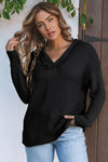 Black V Neck Ribbed Drop Shoulder Hooded Sweater-Tops-MomFashion