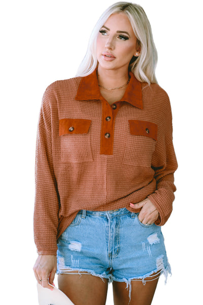 Brown Waffle Knit Button Contrast Trim Long Sleeve Top-Tops-MomFashion