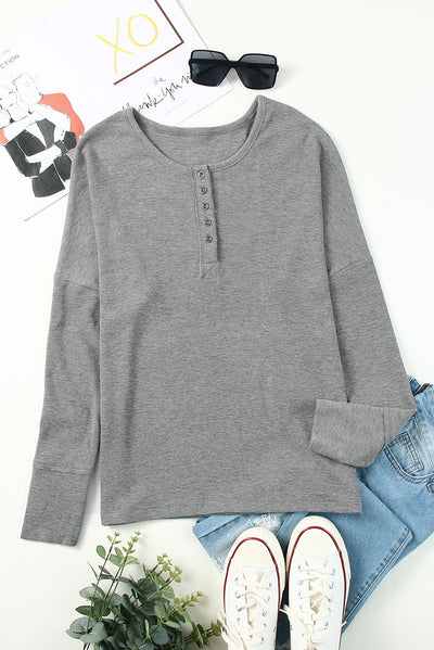 Gray Waffle Knit Henley Top-Tops-MomFashion