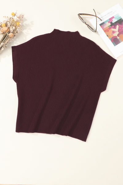 Mineral Red Patch Pocket Ribbed Knit Short Sleeve Sweater-Tops-MomFashion