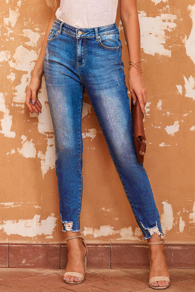 Blue Raw Hem Ankle-length Skinny Jeans-Bottoms-MomFashion