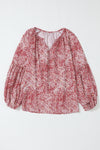 Fiery Red Pleated Lantern Sleeve Abstract Print Blouse-Tops-MomFashion