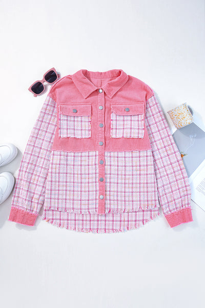 Rose Frayed Tweed Plaid Patchwork Buttoned Jacket-Outerwear-MomFashion