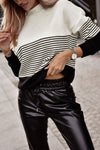 Black Striped Contrast Colorblock Knit Top-Tops-MomFashion