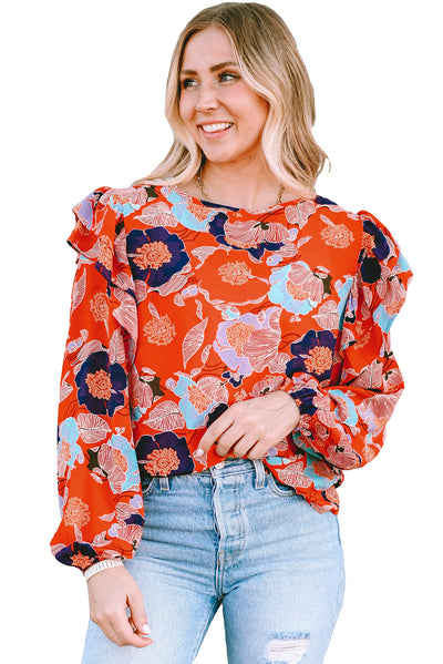 Fiery Red Floral Print Ruffle Puff Sleeve Blouse-Tops-MomFashion