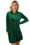 Green Long Sleeve Ruffle Velvet Button Up Dress-Dresses-MomFashion