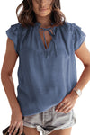 Blue Tiered Ruffled Drawstring V Neck Top-Tops-MomFashion