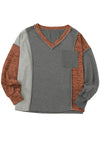 Brown V Neck Color Block Patchwork Loose Pullover-Tops-MomFashion